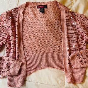 Y2K Women’s PINK CROCHET CROP SWEATER by SAY WHAT three quarter Sleeve SIZE M